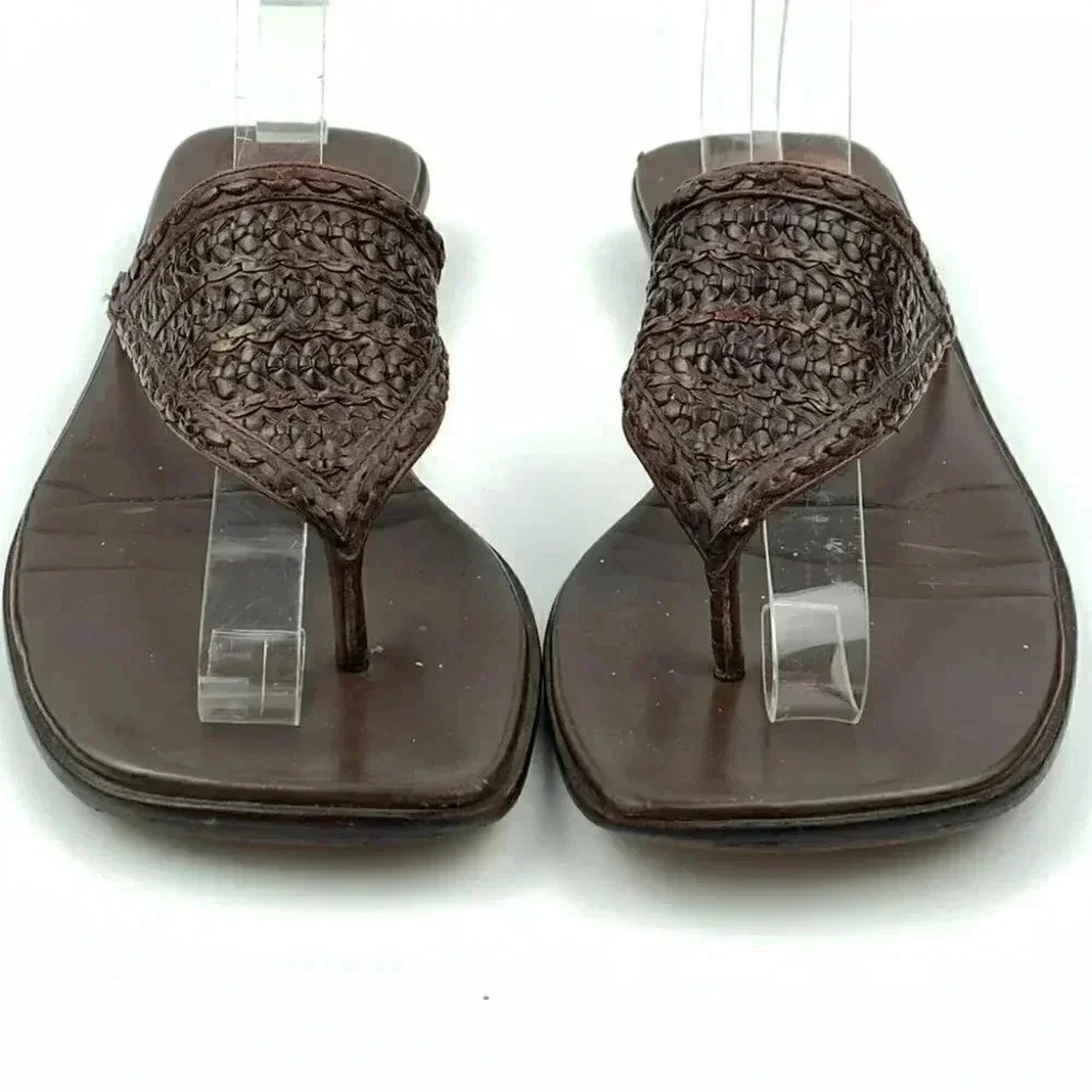 Cole Haan sandals size 6.5 brown leather woven flip flops square toe vintage 90s